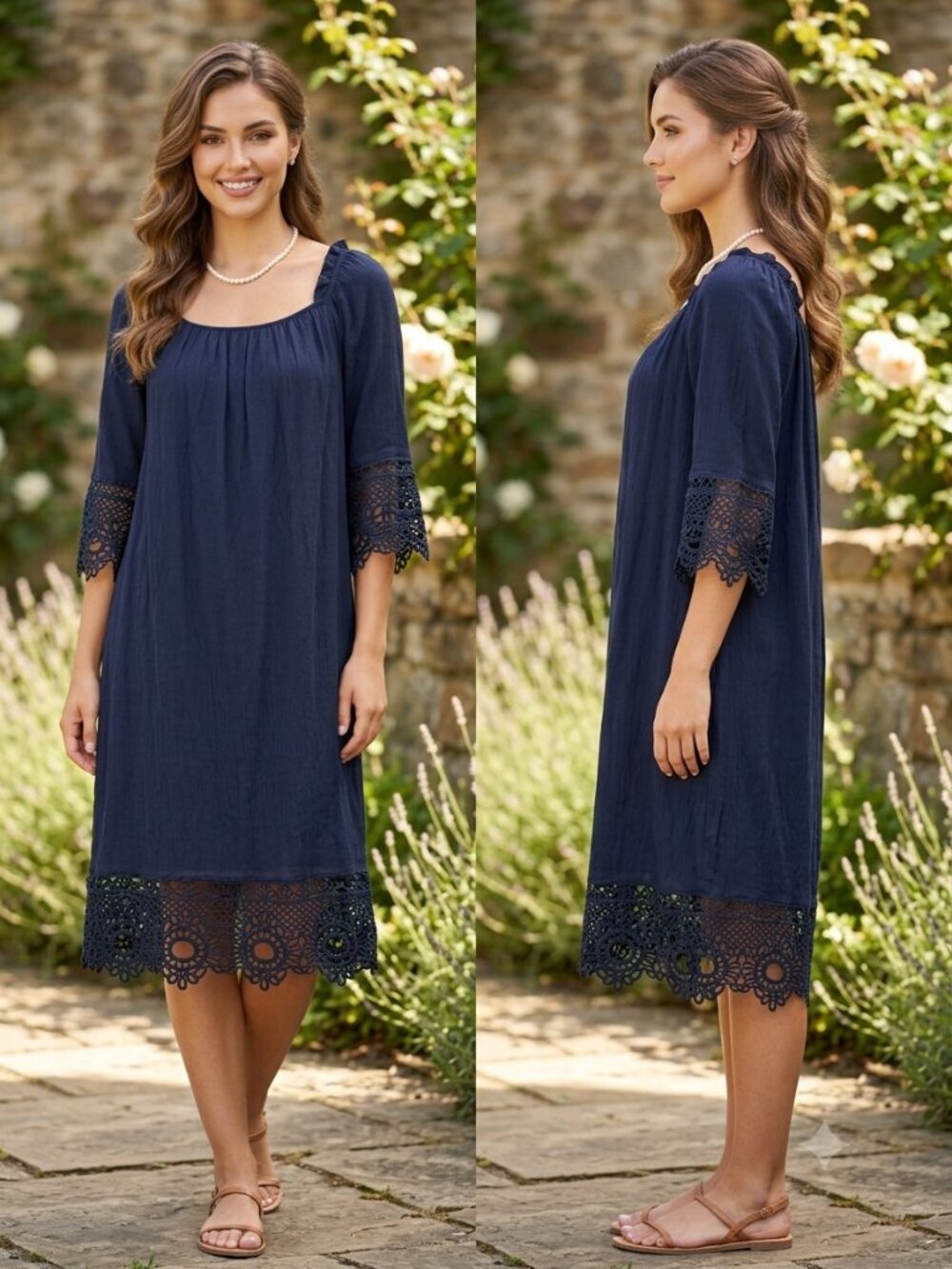 Mlle Gabrielle Navy Blue Eyelet Embroidered Arm Midi Cottagecore Dress - Medium